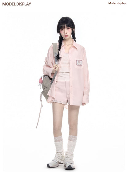 170726K "Campus Icons" Gray Purple Relaxed Polo Overshirt (Kuromi / My Melody / Cinnamoroll)