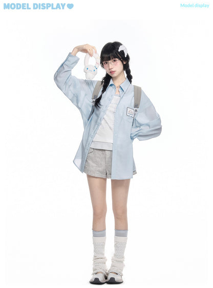 170726K "Campus Icons" Gray Purple Relaxed Polo Overshirt (Kuromi / My Melody / Cinnamoroll)