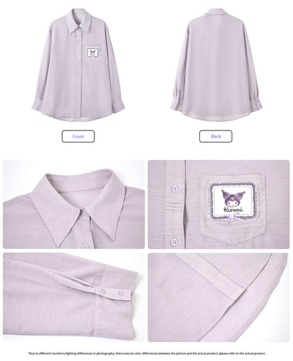 170726K "Campus Icons" Gray Purple Relaxed Polo Overshirt (Kuromi / My Melody / Cinnamoroll)