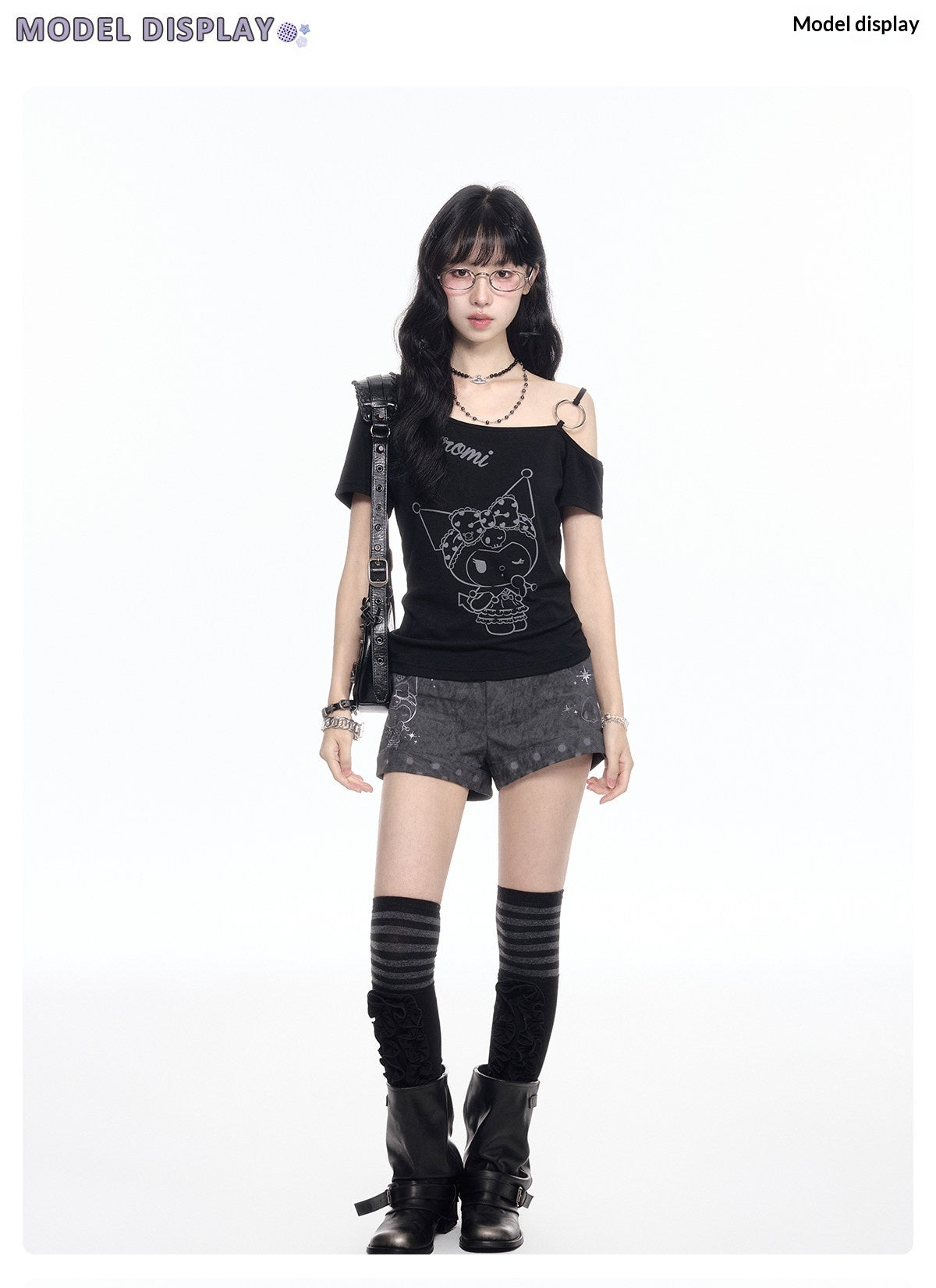 170726K "Shadow Rebel" Black Asymmetrical Shoulder Collection (One-Shoulder Tee / Casual Shorts)