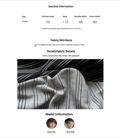 "Vintage Rhythm" Asymmetrical Knit Stripe Long Sleeve T-Shirt (Black / Gray)