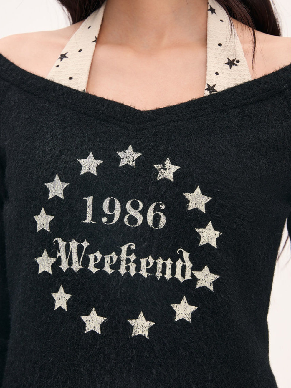 "Midnight Nova" Black Halter Layered Off-Shoulder Long Sleeve Top