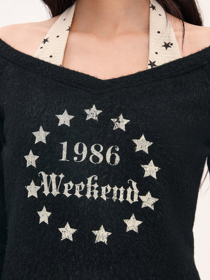 "Midnight Nova" Black Halter Layered Off-Shoulder Long Sleeve Top