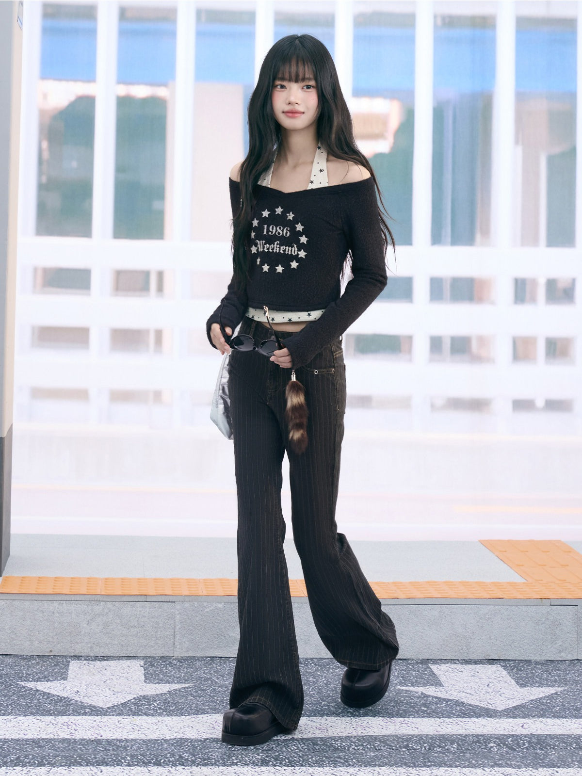 "Midnight Nova" Black Halter Layered Off-Shoulder Long Sleeve Top