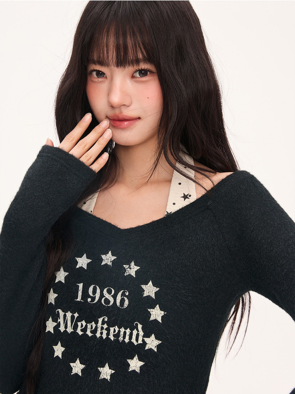 "Midnight Nova" Black Halter Layered Off-Shoulder Long Sleeve Top