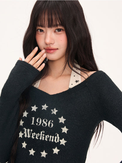 "Midnight Nova" Black Halter Layered Off-Shoulder Long Sleeve Top