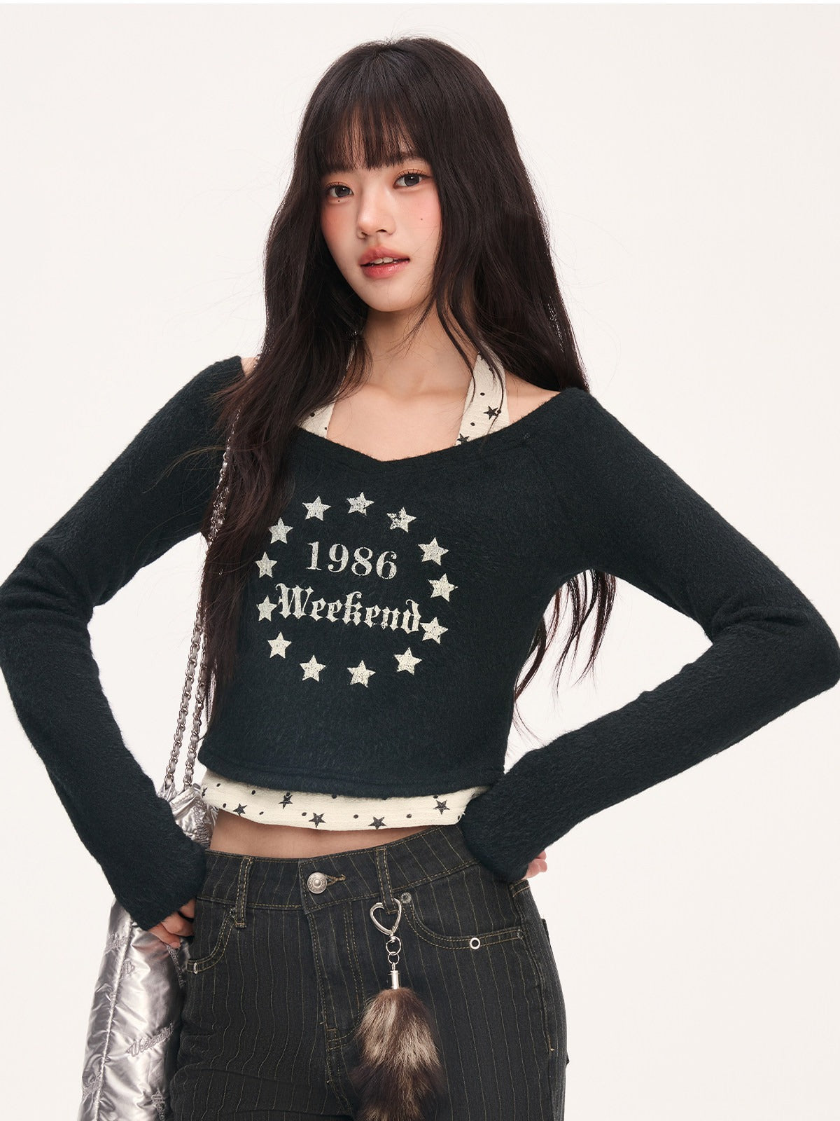 "Midnight Nova" Black Halter Layered Off-Shoulder Long Sleeve Top