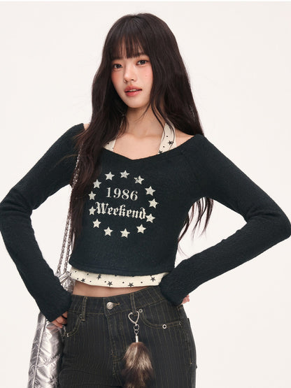 "Midnight Nova" Black Halter Layered Off-Shoulder Long Sleeve Top