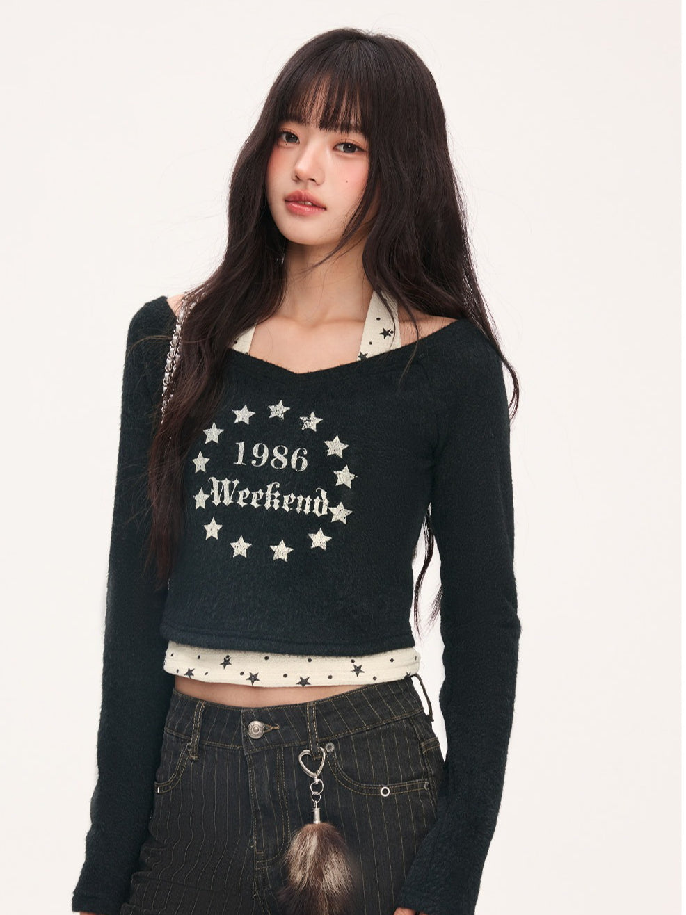 "Midnight Nova" Black Halter Layered Off-Shoulder Long Sleeve Top