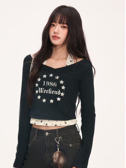"Midnight Nova" Black Halter Layered Off-Shoulder Long Sleeve Top