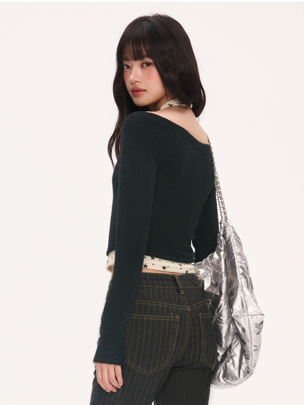 "Midnight Nova" Black Halter Layered Off-Shoulder Long Sleeve Top