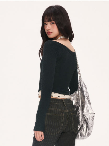 "Midnight Nova" Black Halter Layered Off-Shoulder Long Sleeve Top