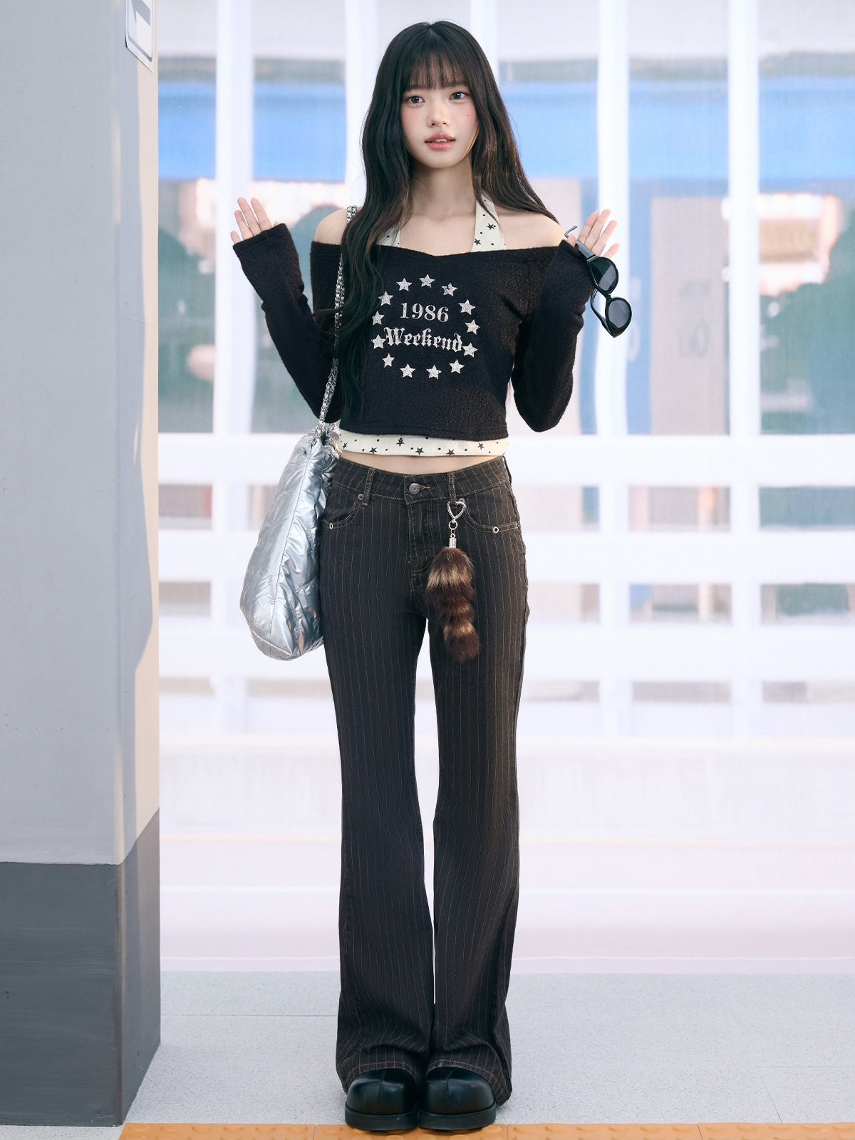 "Midnight Nova" Black Halter Layered Off-Shoulder Long Sleeve Top