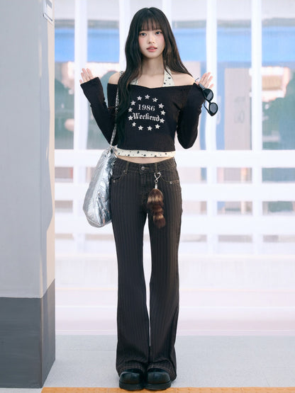 "Midnight Nova" Black Halter Layered Off-Shoulder Long Sleeve Top