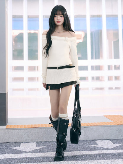 "Bloom Arrival" White Off-Shoulder Knit Top