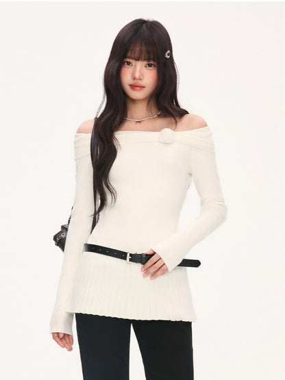 "Bloom Arrival" White Off-Shoulder Knit Top