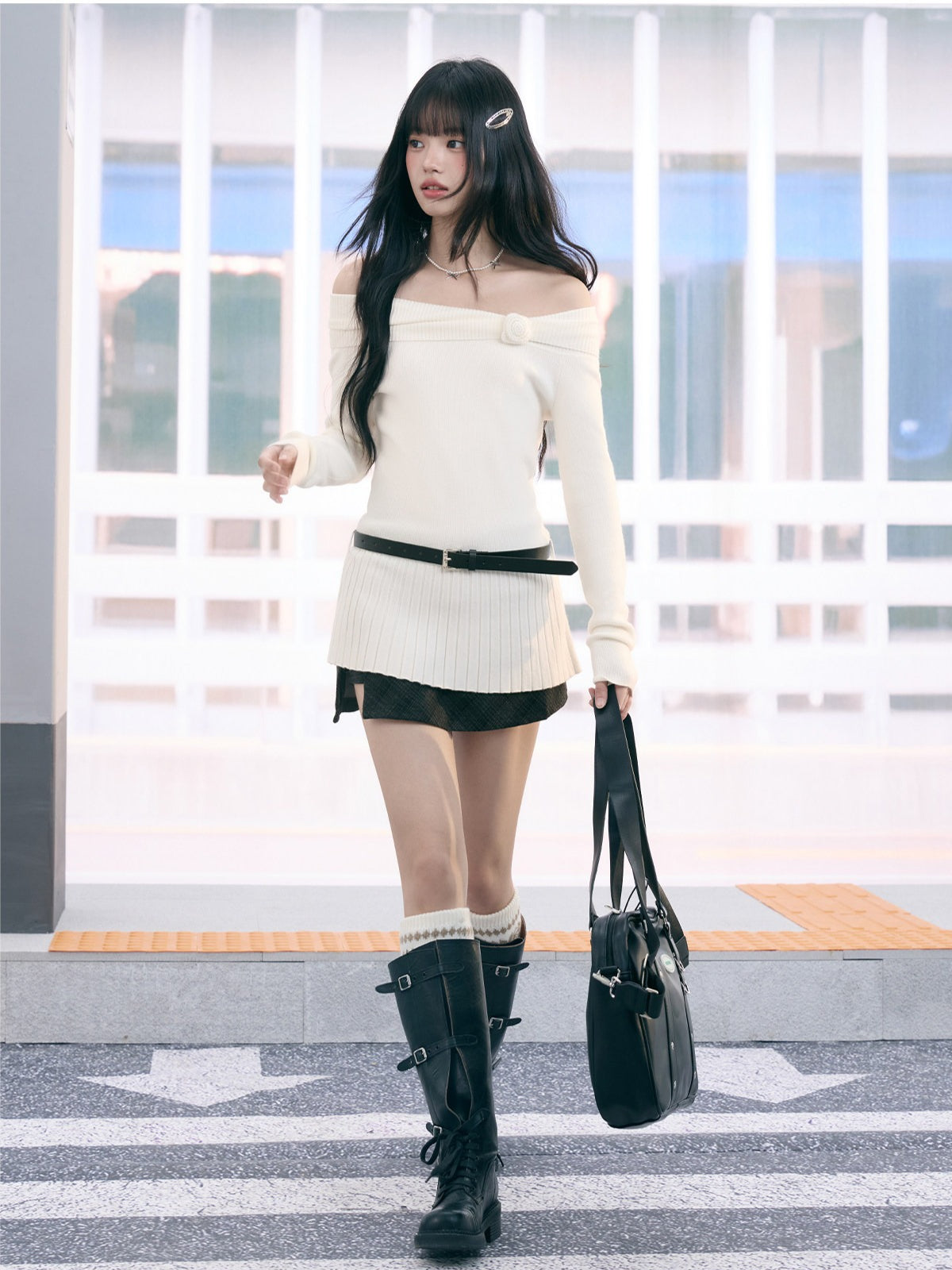 "Bloom Arrival" White Off-Shoulder Knit Top