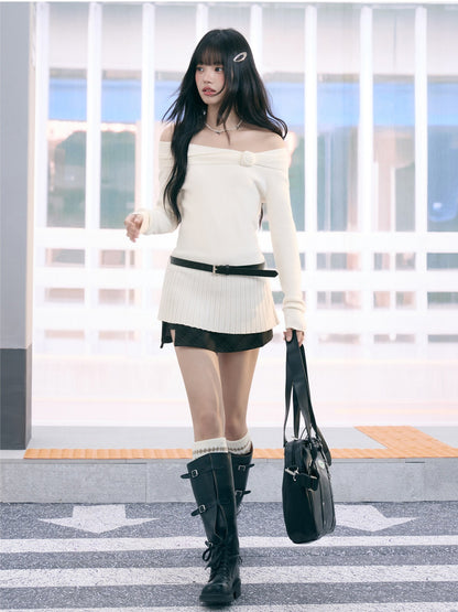 "Bloom Arrival" White Off-Shoulder Knit Top