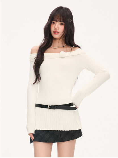 "Bloom Arrival" White Off-Shoulder Knit Top