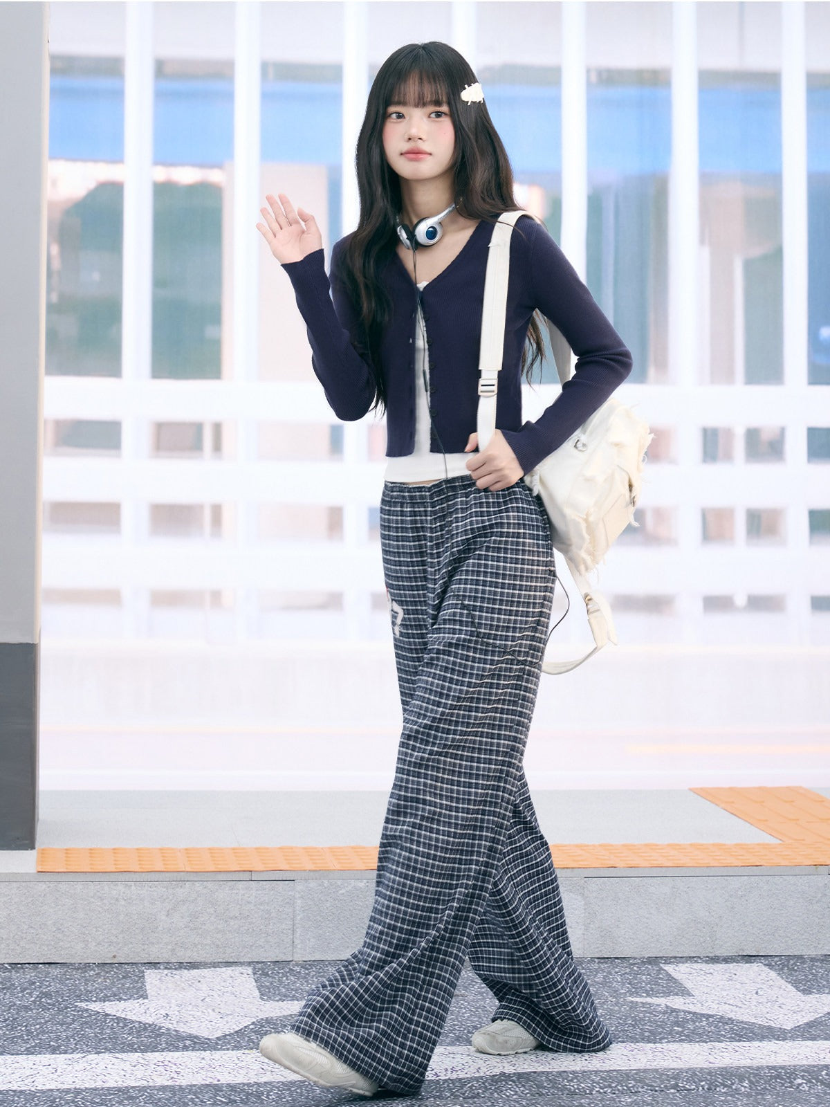 "Weekend Departure" Navy Plaid Wide-Leg Pants