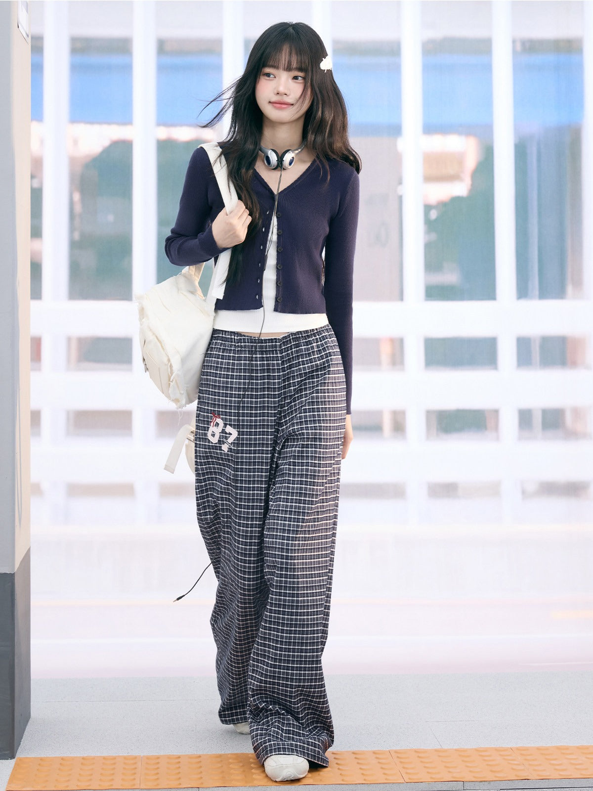 "Weekend Departure" Navy Plaid Wide-Leg Pants