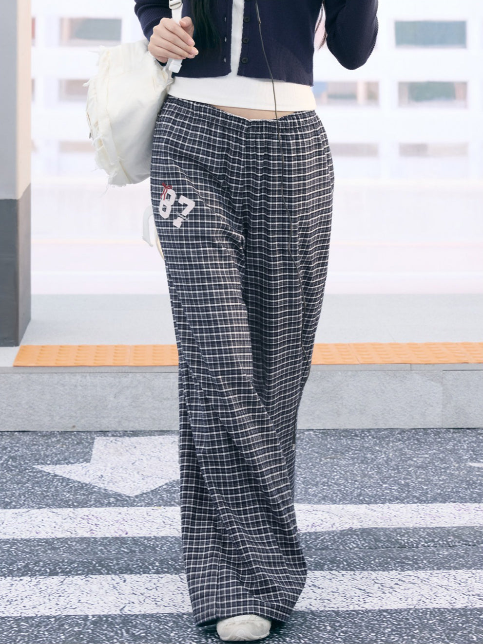 "Weekend Departure" Navy Plaid Wide-Leg Pants