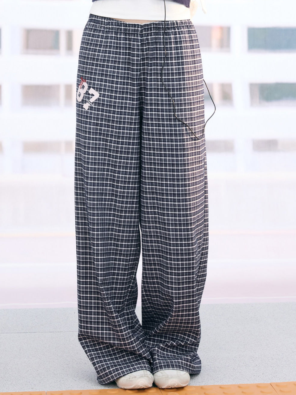 "Weekend Departure" Navy Plaid Wide-Leg Pants