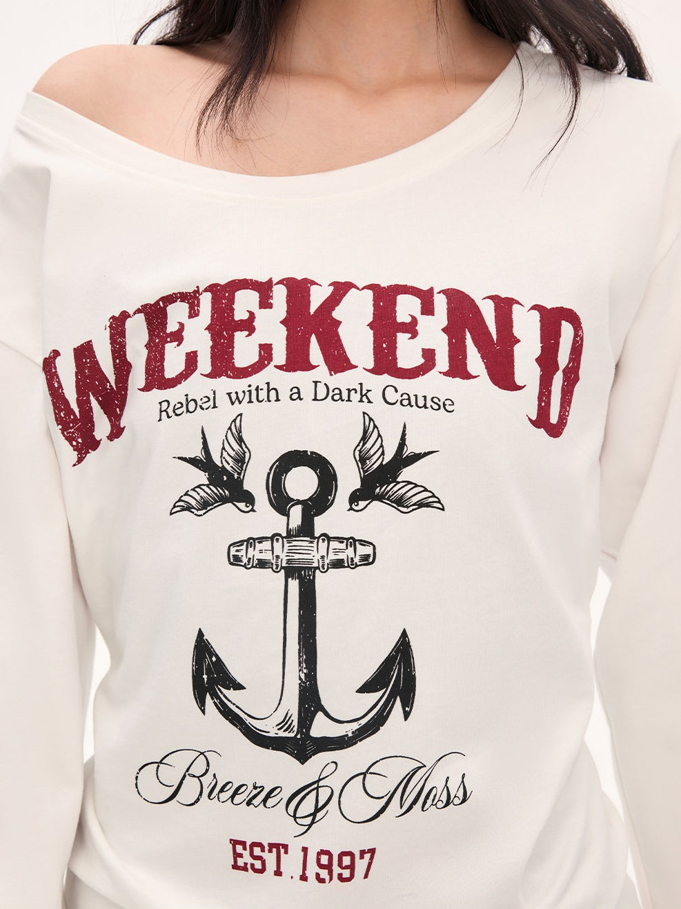 "Harbor Muse" White One-Shoulder Long Sleeve T-Shirt