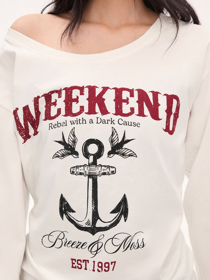 "Harbor Muse" White One-Shoulder Long Sleeve T-Shirt