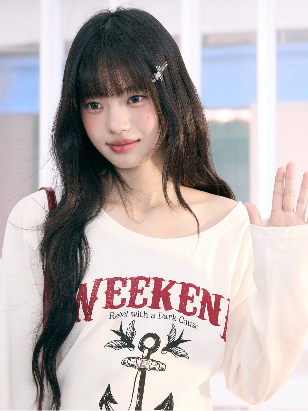 "Harbor Muse" White One-Shoulder Long Sleeve T-Shirt