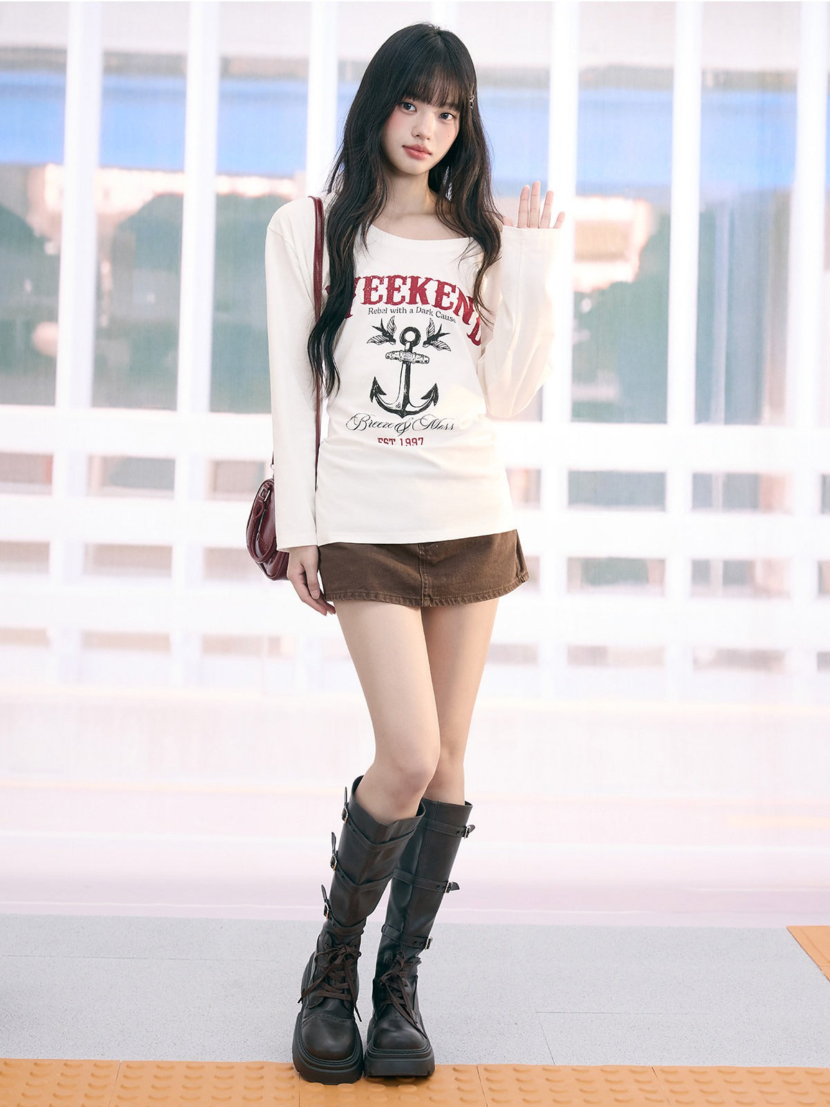 "Harbor Muse" White One-Shoulder Long Sleeve T-Shirt