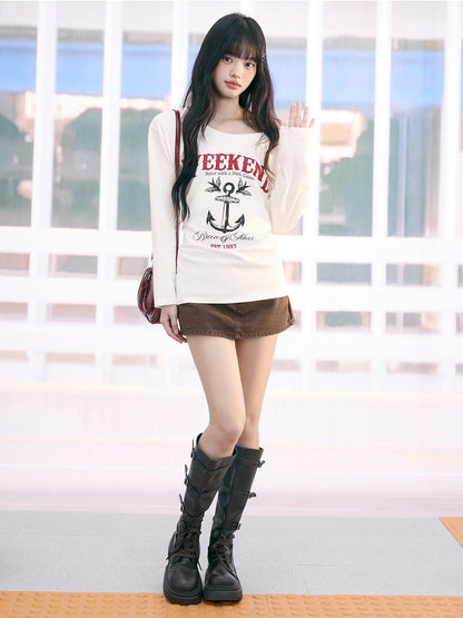 "Harbor Muse" White One-Shoulder Long Sleeve T-Shirt