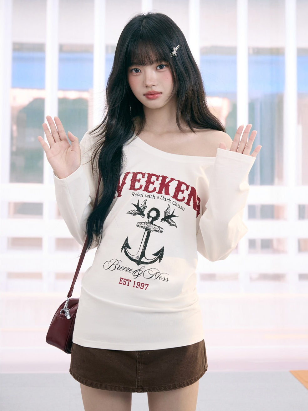 "Harbor Muse" White One-Shoulder Long Sleeve T-Shirt