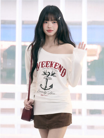 "Harbor Muse" White One-Shoulder Long Sleeve T-Shirt