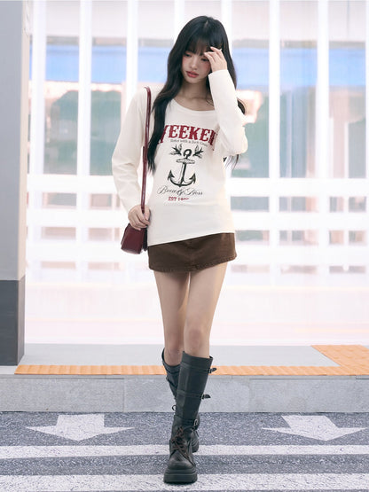 "Harbor Muse" White One-Shoulder Long Sleeve T-Shirt