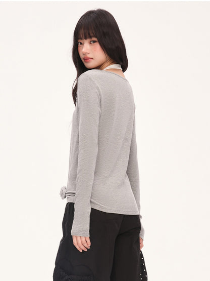 "Layered Grace" Gray Halter Two-Piece Long Sleeve Top