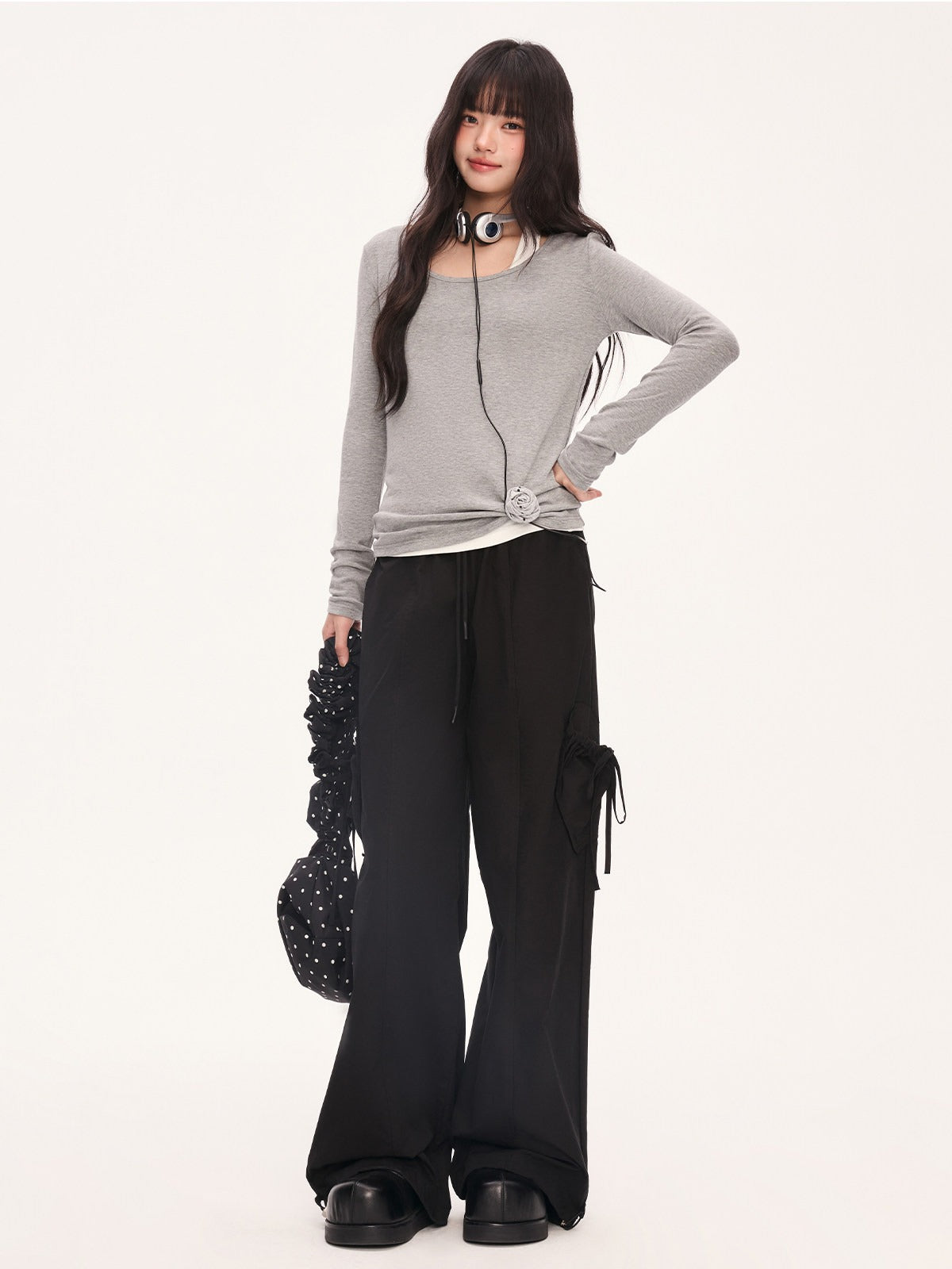 "Layered Grace" Gray Halter Two-Piece Long Sleeve Top