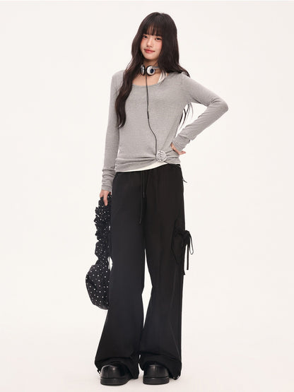"Layered Grace" Gray Halter Two-Piece Long Sleeve Top