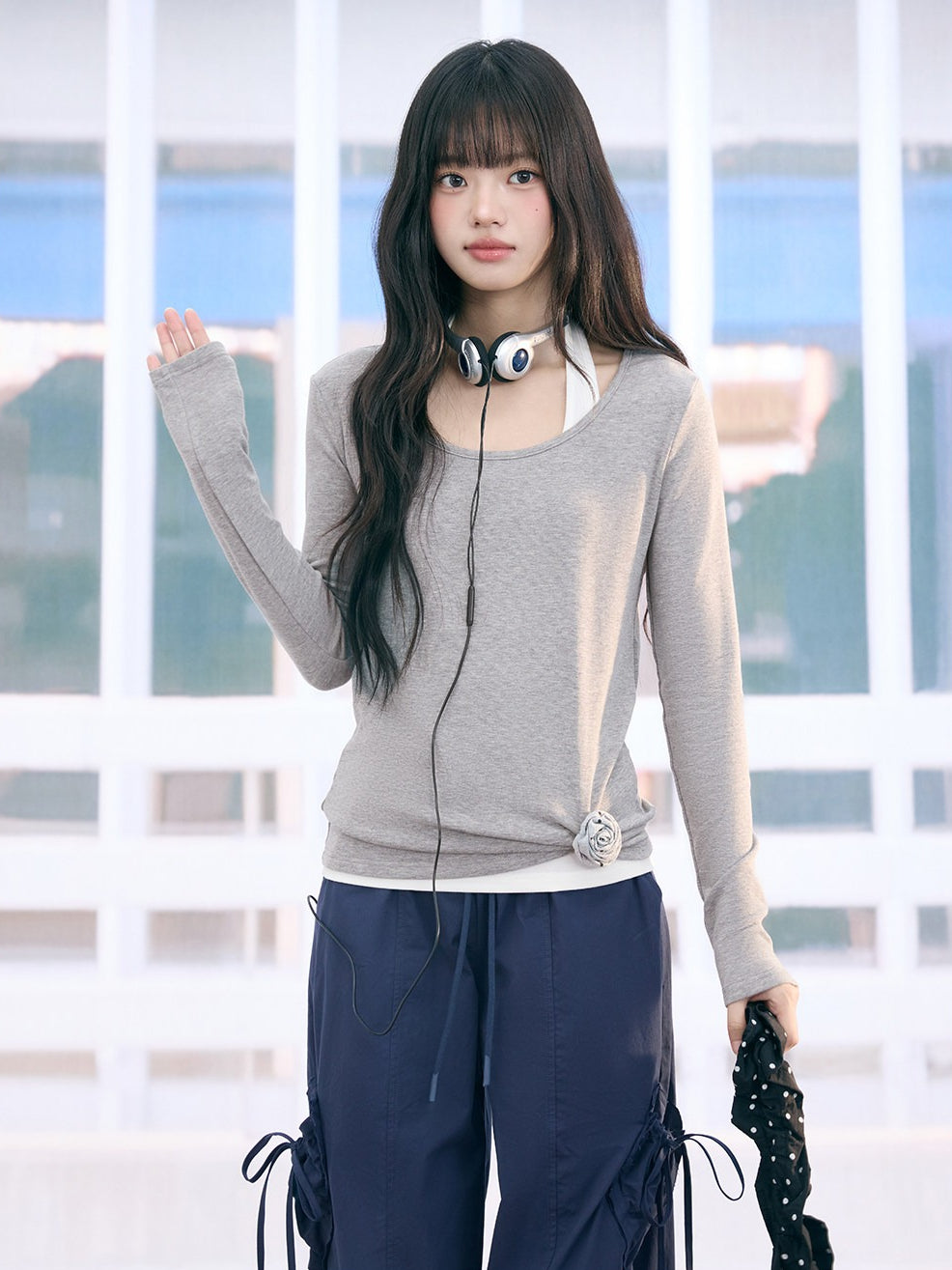 "Layered Grace" Gray Halter Two-Piece Long Sleeve Top