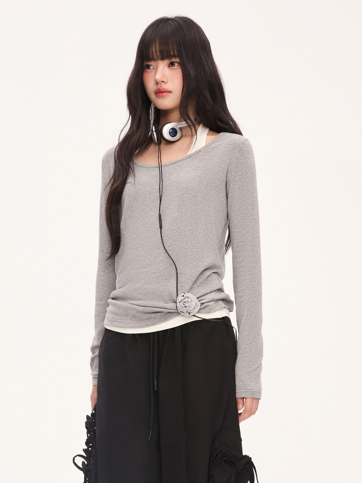 "Layered Grace" Gray Halter Two-Piece Long Sleeve Top