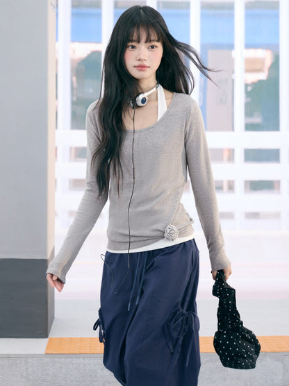"Layered Grace" Gray Halter Two-Piece Long Sleeve Top
