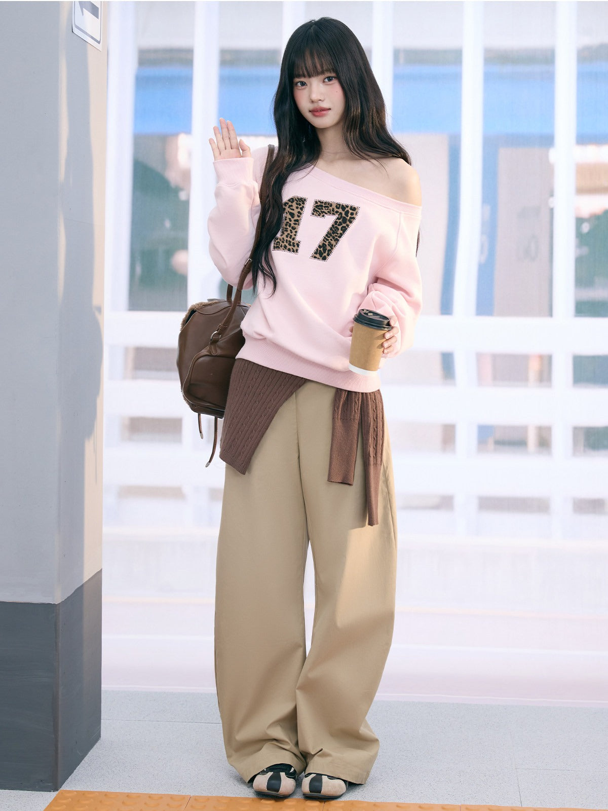"Soft Horizon" Light Khaki Curved-Leg Pants