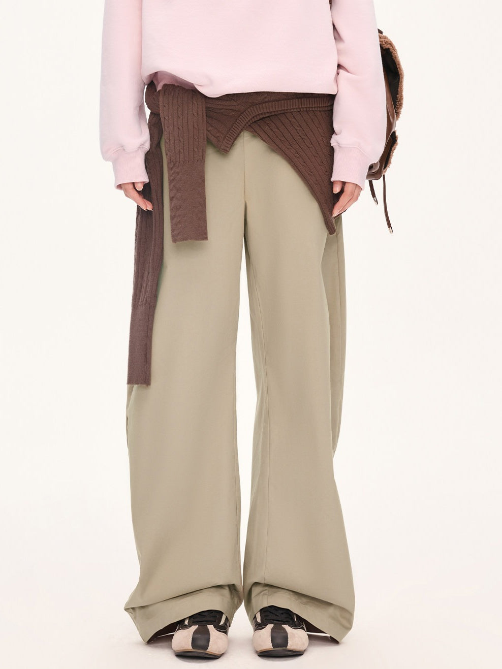 "Soft Horizon" Light Khaki Curved-Leg Pants