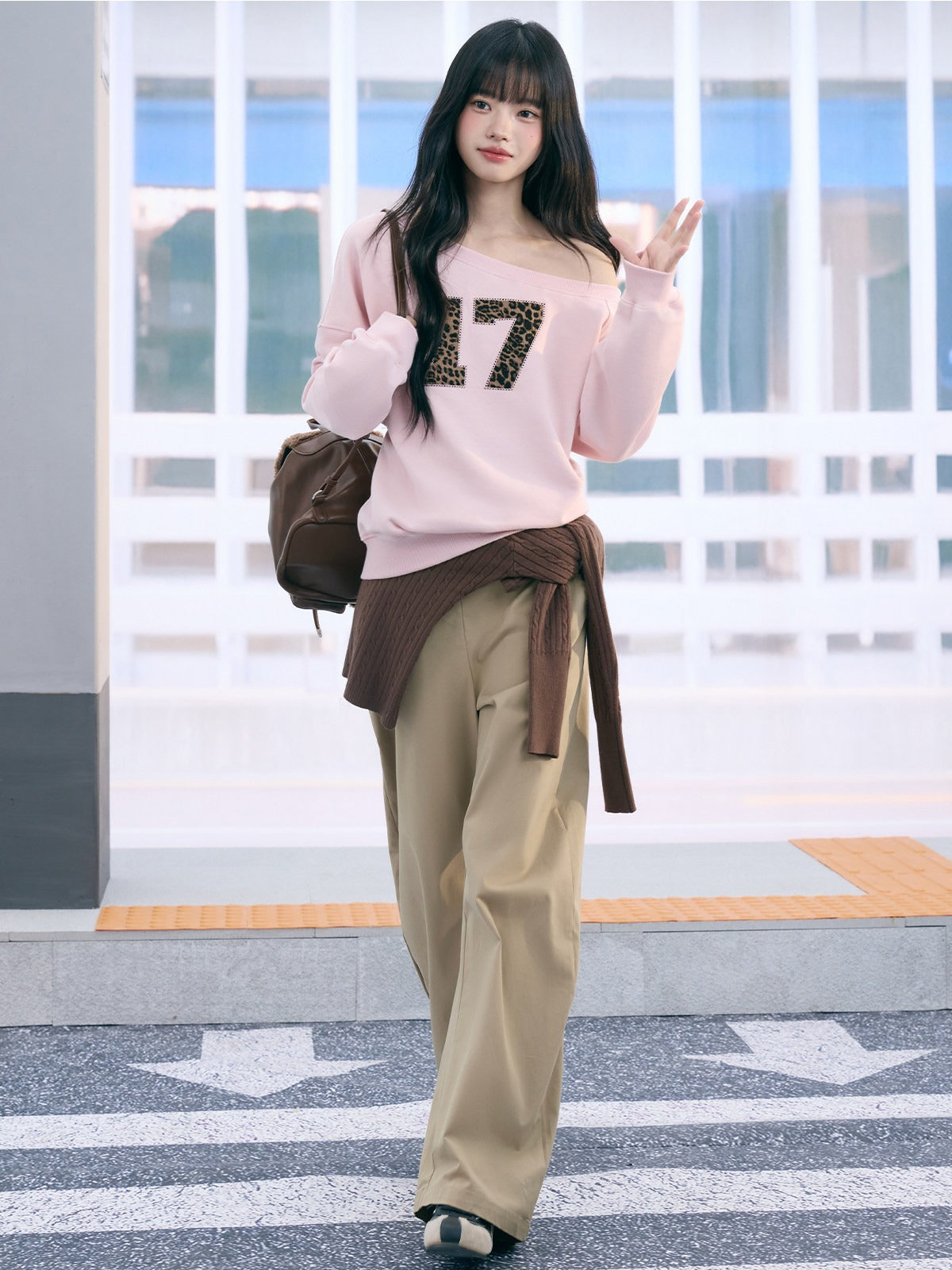 "Soft Horizon" Light Khaki Curved-Leg Pants