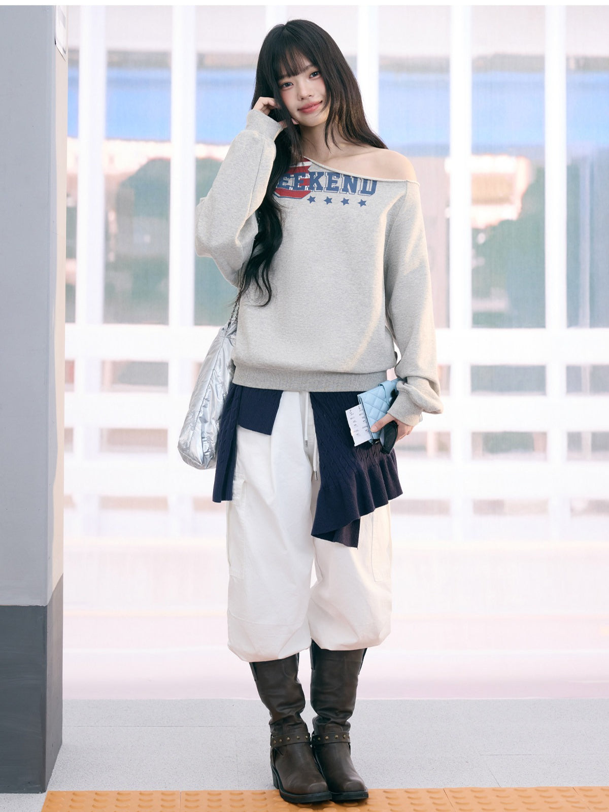 "Heritage Flight" Gray Off-Shoulder Sweatshirt