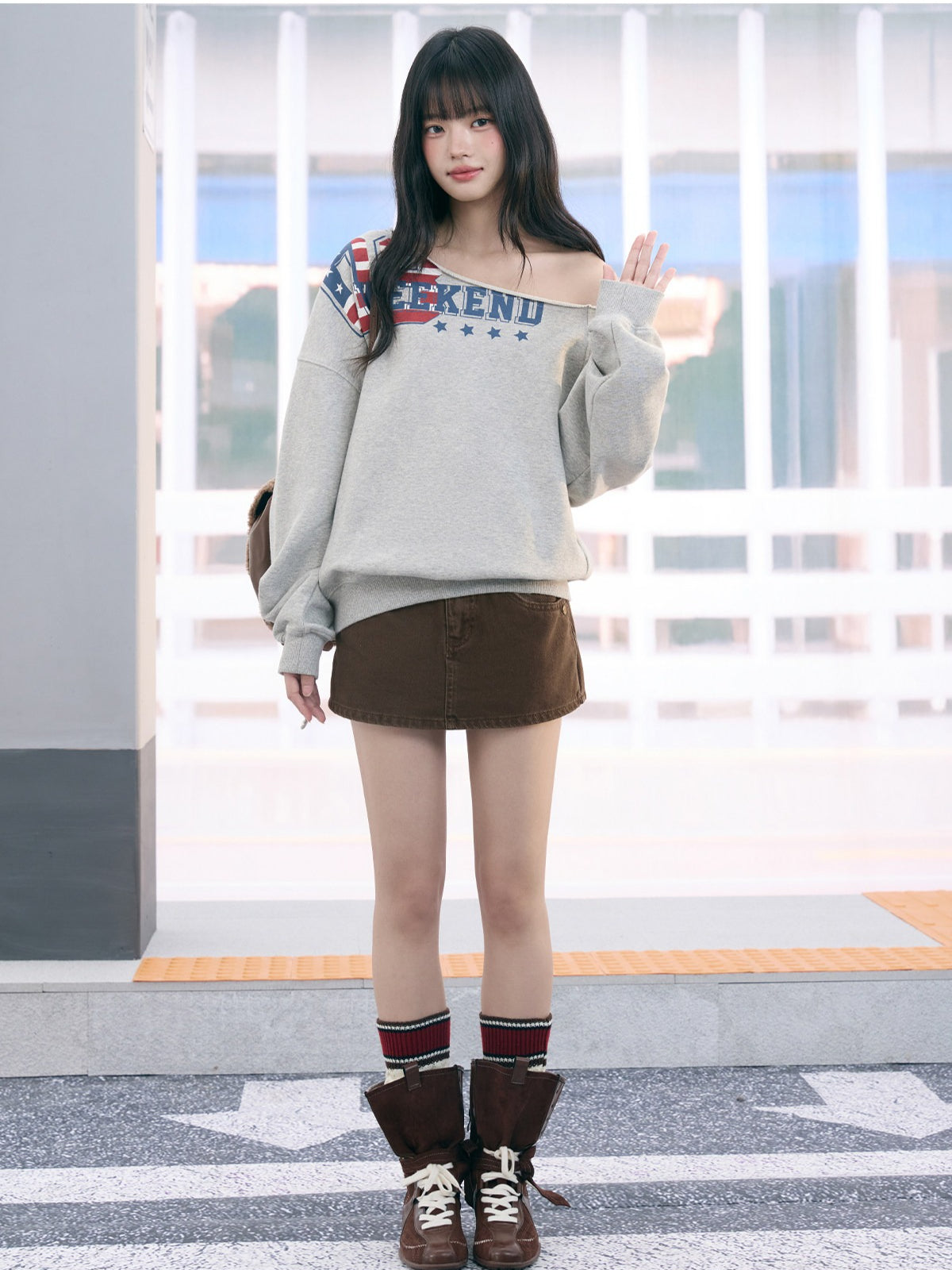 "Heritage Flight" Gray Off-Shoulder Sweatshirt