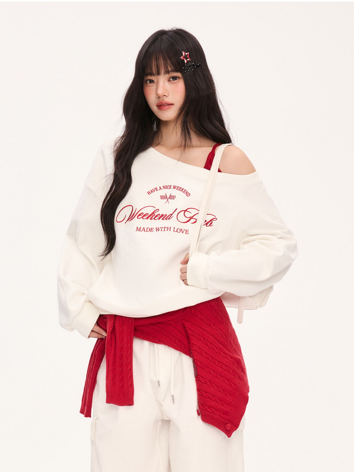"Cloud Transit" White Layered Off-Shoulder Sweatshirt