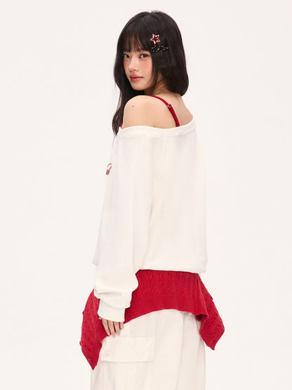 "Cloud Transit" White Layered Off-Shoulder Sweatshirt