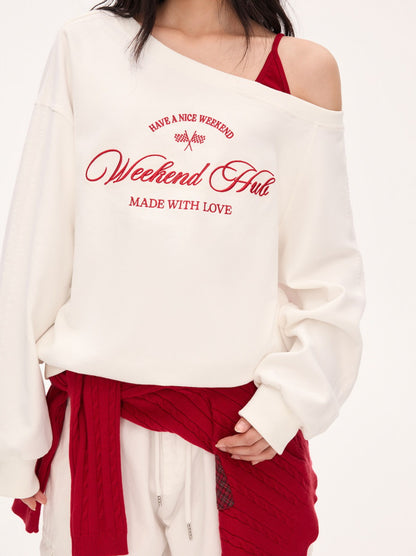 "Cloud Transit" White Layered Off-Shoulder Sweatshirt