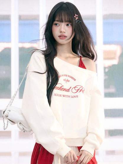 "Cloud Transit" White Layered Off-Shoulder Sweatshirt
